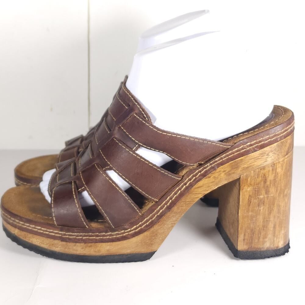 Bongo Women's Vintage 90s Y2K US10 Brown Leather Wooden Chunky Platform Sandals - Picture 2 of 16